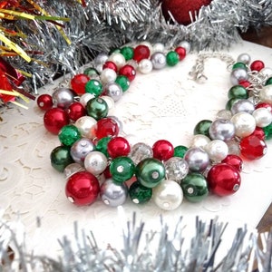 Green, Gold, Red Christmas Necklace, Holiday Necklace, Chunky Statement Pearl Cluster Necklace, Party Necklace and Earrings Jewelry Set image 2