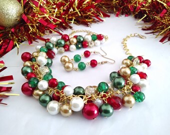 Green, Gold, Red Christmas Necklace, Holiday Necklace, Chunky Statement Pearl Cluster Necklace, Party Necklace and Earrings Jewelry Set