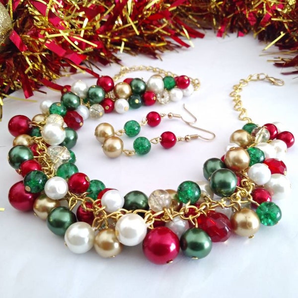 Green, Gold, Red Christmas Necklace, Holiday Necklace, Chunky Statement Pearl Cluster Necklace, Party Necklace and Earrings Jewelry Set