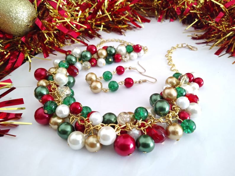 Green, Gold, Red Christmas Necklace, Holiday Necklace, Chunky Statement Pearl Cluster Necklace, Party Necklace and Earrings Jewelry Set image 1
