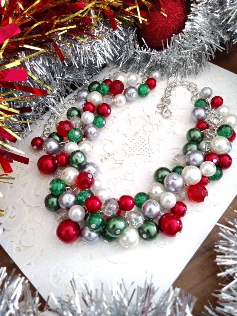 Green, Gold, Red Christmas Necklace, Holiday Necklace, Chunky Statement Pearl Cluster Necklace, Party Necklace and Earrings Jewelry Set image 6