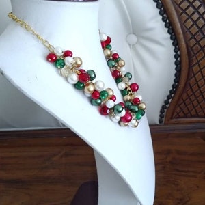 Green, Gold, Red Christmas Necklace, Holiday Necklace, Chunky Statement Pearl Cluster Necklace, Party Necklace and Earrings Jewelry Set image 5