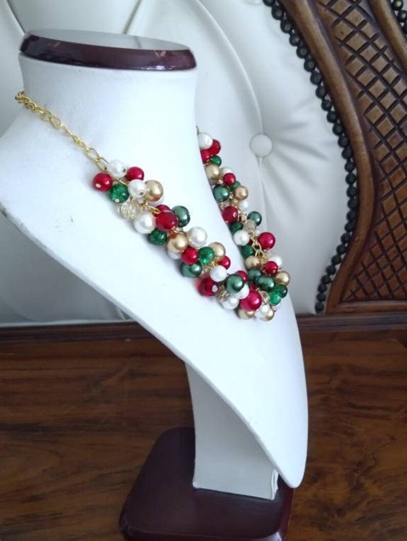 Green, Gold, Red Christmas Necklace, Holiday Necklace, Chunky Statement Pearl Cluster Necklace, Party Necklace and Earrings Jewelry Set image 5