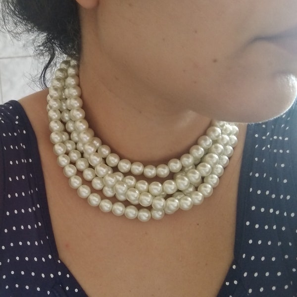 Chunky Pearl Gold Necklace, Pearl Statement Necklace, Choker, Bridal Necklace, Gold Wedding Jewelry, Three or Five Strand Pearl Choker