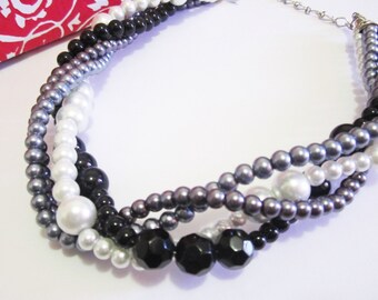 Black, White, Gray Pearl Necklace, Chunky Statement Necklace, Multi Strand Pearl Necklace, Torsade, Bridal, Bridesmaid, Wedding Jewelry