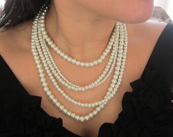 Ivory, Off White Chunky Pearl Necklace, Statement Necklace, Multi Strand, Layered Bib, Pearl Wedding Necklace