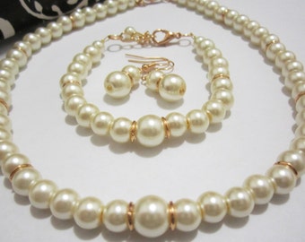 Pearl Gold Necklace Set, Bridesmaid, Bridal Necklace, Bracelet, Earrings, Pearl Wedding Jewelry