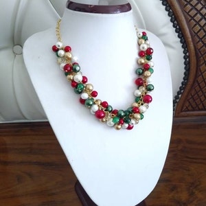 Green, Gold, Red Christmas Necklace, Holiday Necklace, Chunky Statement Pearl Cluster Necklace, Party Necklace and Earrings Jewelry Set image 4