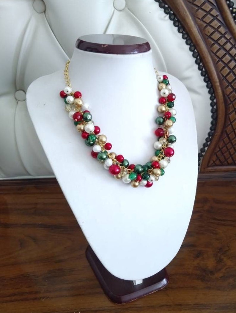 Green, Gold, Red Christmas Necklace, Holiday Necklace, Chunky Statement Pearl Cluster Necklace, Party Necklace and Earrings Jewelry Set image 4