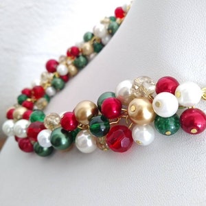 Green, Gold, Red Christmas Necklace, Holiday Necklace, Chunky Statement Pearl Cluster Necklace, Party Necklace and Earrings Jewelry Set image 8