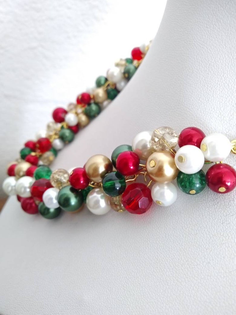 Green, Gold, Red Christmas Necklace, Holiday Necklace, Chunky Statement Pearl Cluster Necklace, Party Necklace and Earrings Jewelry Set image 8