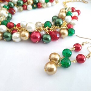 Green, Gold, Red Christmas Necklace, Holiday Necklace, Chunky Statement Pearl Cluster Necklace, Party Necklace and Earrings Jewelry Set image 10