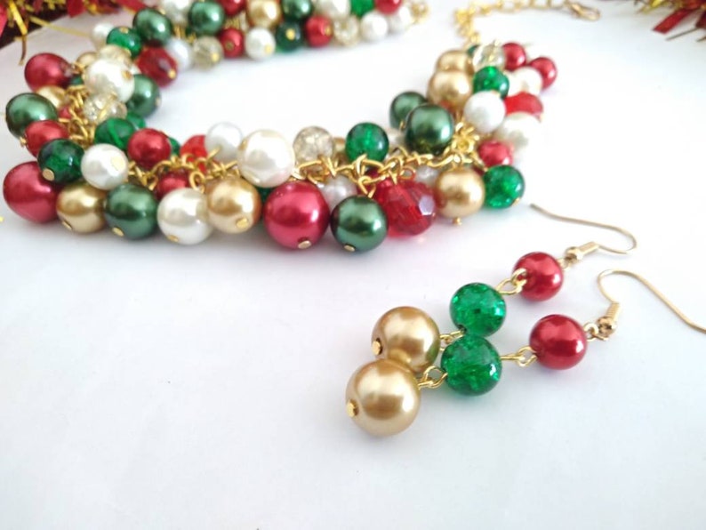 Green, Gold, Red Christmas Necklace, Holiday Necklace, Chunky Statement Pearl Cluster Necklace, Party Necklace and Earrings Jewelry Set image 10