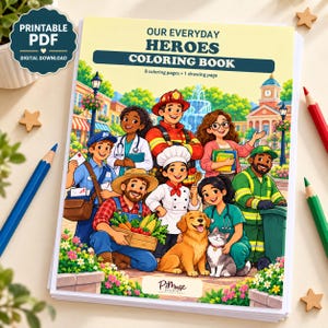 Peut inclure: Un livre de coloriage intitulé Our Everyday Heroes Coloring Book avec 8 pages de coloriage et 1 page de dessin. La couverture présente une illustration colorée d'un facteur, médecin, pompier, enseignant, fermier, chef, vétérinaire et éboueur.