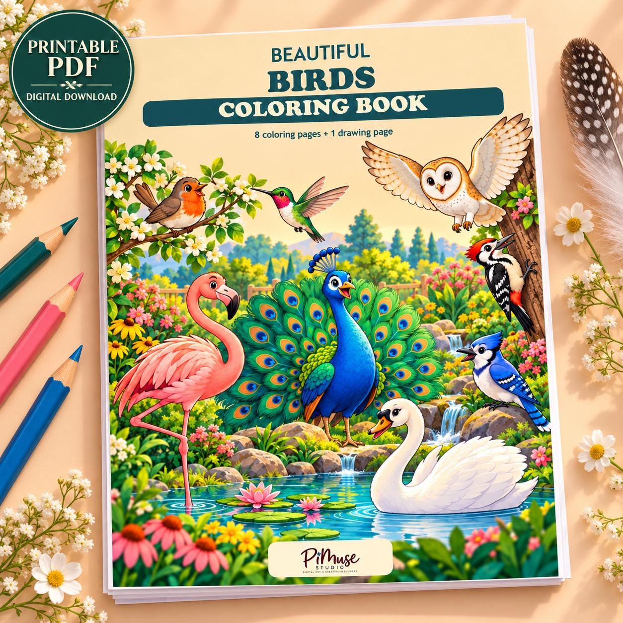 Printable Bird Coloring Book for Kids, Peacock, Owl, Flamingo, Nature Activity (PDF)