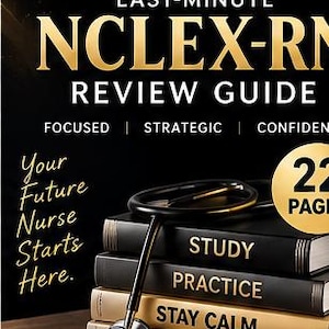 May include: A black and gold NCLEX-RN review guide book stack with a stethoscope resting on top. The books are labelled Study, Practice, Stay Calm, and Pass. The cover features the text Marqclex Ready to Pass and Your Future Nurse Starts Here.