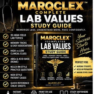Puede incluir: Un libro de guía de estudio Marqclex Complete Lab Values en negro y dorado con un símbolo de caduceo en la portada. El texto incluye 35 temas de laboratorio, trucos de memoria, pistas clínicas, gases arteriales y casos de pacientes.