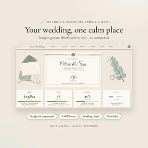 May include: A digital wedding planner for Google Sheets titled Our Wedding, featuring sections for budget, guests, RSVPs, and to-dos. The interface displays Olivia & Sam's wedding details, a 236-day countdown, financial summaries, guest counts, and a 40% checklist completion status.