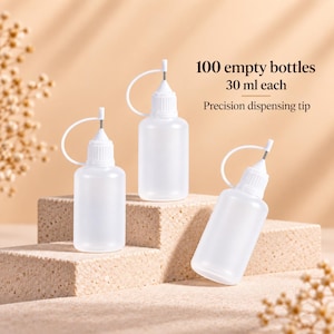 May include: A set of 100 empty 30 ml plastic bottles with white screw-on caps and precision dispensing tips. The bottles are translucent and feature a small attached cap tether. Text on the image reads 100 empty bottles, 30 ml each, precision dispensing tip.