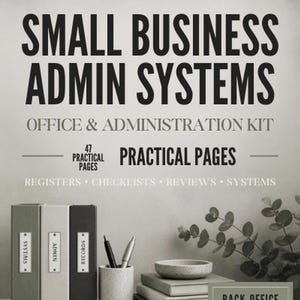 Pode incluir: Um kit de sistemas administrativos para pequenas empresas com três pastas etiquetadas como Systems, Admin e Records, um porta-canetas com duas canetas, uma pilha de livros com uma pequena tigela e o texto PracticalBizStudio Small Business Admin Systems.