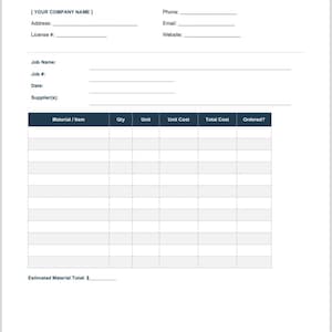 Peut inclure: Un document modèle de liste de matériel avec des en-têtes bleu foncé. Il comprend des champs pour le nom de l'entreprise, les coordonnées, les informations sur le travail et un tableau avec des colonnes pour le matériel, la quantité, l'unité, le coût unitaire, le coût total et le statut de commande.