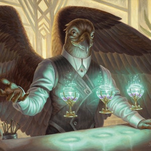 May include: A humanoid bird with brown feathers and a vest is serving three glowing green cocktails in a bar setting. The bird has a serious expression and is holding its wings out to the side.