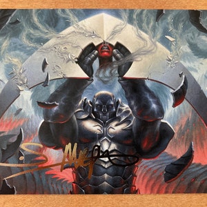 May include: A black and silver figure with a large, broken, silver blade held above its head. The figure is surrounded by a swirling, gray and red background. The figure is signed "S. Miller" in gold ink.