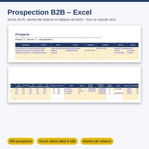 Può includere: Un modello di foglio di calcolo Excel per la prospezione B2B con colonne per azienda, contatto, e-mail, telefono, LinkedIn, settore, fonte, punteggio di idoneità, stato e avvisi di follow-up. Include righe evidenziate in giallo.