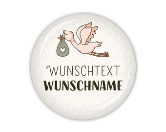 PFLEGEHELDEN Wunschtext & Wunschname, Storch (Art. MD09-25) als Button, Magnet, Taschenspiegel oder Flaschenöffner erhältlich