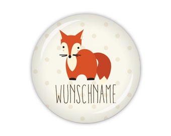 FOXY DOTS Fuchs, mit Wunschname (Art. SC04-03) als Button, Magnet, Taschenspiegel oder Flaschenöffner erhältlich