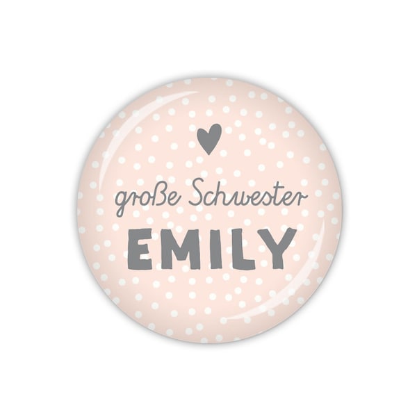 STROLCHE große Schwester mit Wunschname // hellblau, rosa oder beige (Art. MD08-05) als Button, Magnet, Taschenspiegel oder Flaschenöffner