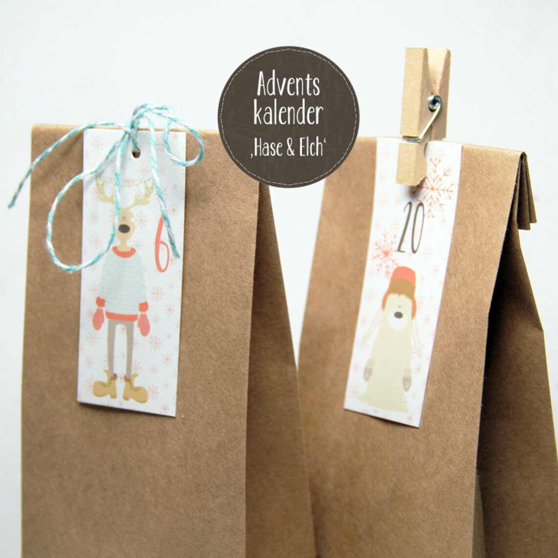DIY Adventskalender HASE & ELCH 24 Tüten 24 Kärtchen 24 Etsy