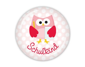 EULE SCHLAU Eule & Schulkind, grün oder rosa (Art. SC05) als Button, Magnet oder Taschenspiegel erhältlich