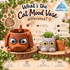 May include: A brown dog-shaped planter and a grey cat-shaped planter with animated eyes that indicate water levels. The image includes text: What's the Cat Mood Vase difference?, Yama 3D, and various icons explaining the self-watering reservoir features.