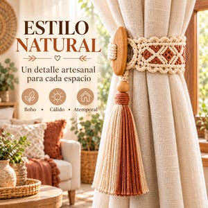 Macramé Curtain Tieback Pattern PDF, Cream & Terracotta Cotton Cord, Wooden Toggle, Boho Tassel Tutorial