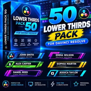 May include: A digital product box labeled 50 Lower Thirds Pack for DaVinci Resolve, featuring a blue and black color scheme with neon accents. The display shows six examples of lower third text overlays with names and titles in various colors.