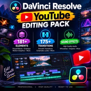 May include: A digital DaVinci Resolve YouTube editing pack featuring 181+ visual elements, 175+ transitions, and sound effects. The display shows video editing software with a timeline, colour grading nodes, and a mountain landscape preview.