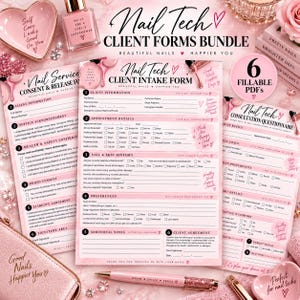 May include: A digital bundle of pink and white nail technician client forms, including intake, consent, and consultation documents. The set features fillable PDF templates with sections for client information, nail history, and service preferences.
