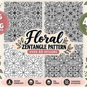 Op de afbeelding: Een digitale collectie van zwart-witte florale zentangle-patronen met meer dan 40 unieke ontwerpen. De set bevat SVG- en PNG-bestandsformaten met transparante achtergronden, gepresenteerd met decoratieve botanische illustraties en tekstlabels.