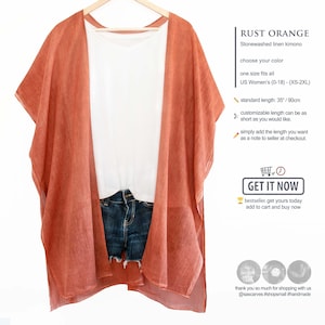 May include: Rust orange stonewashed linen kimono, displayed over a white t-shirt and denim shorts. The kimono has a standard length of 35 inches. The text on the image says "GET IT NOW".