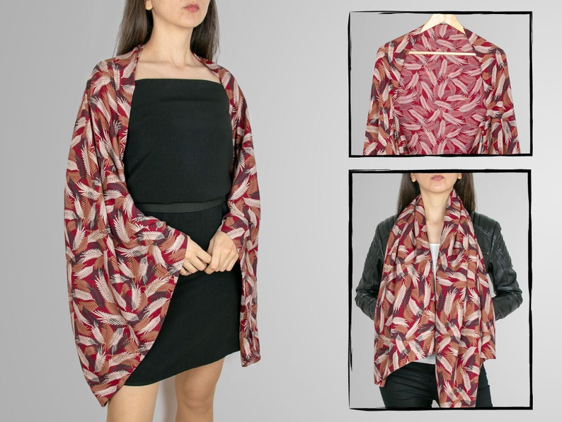 Bohemian Kimono Red Feather 5 A surprise price is realized ☆ popular Cape Cardig Scarf Aesthetic