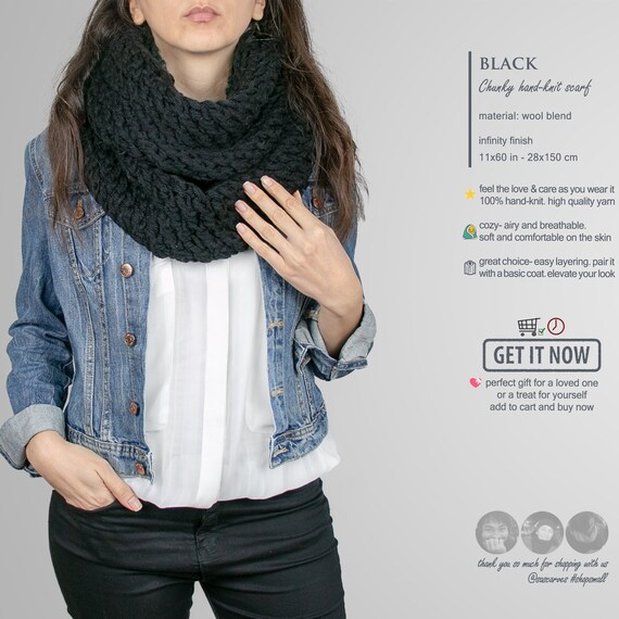 Infinity Scarf Winter Wool Scarf Knit Chunky Winter Black Etsy