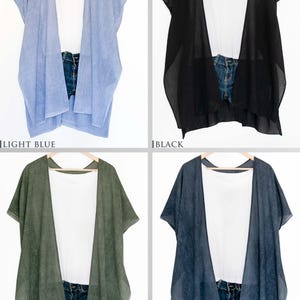 May include: Four open-front kimono-style tops in light blue, black, green, and denim blue. Each top is paired with a white t-shirt and denim shorts. The image displays the tops on a white background.