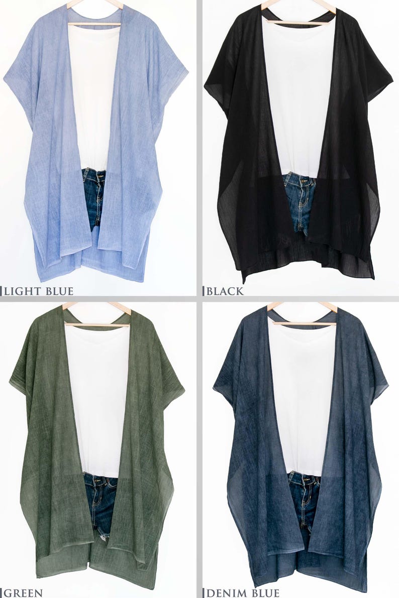 May include: Four open-front kimono-style tops in light blue, black, green, and denim blue. Each top is paired with a white t-shirt and denim shorts. The image displays the tops on a white background.