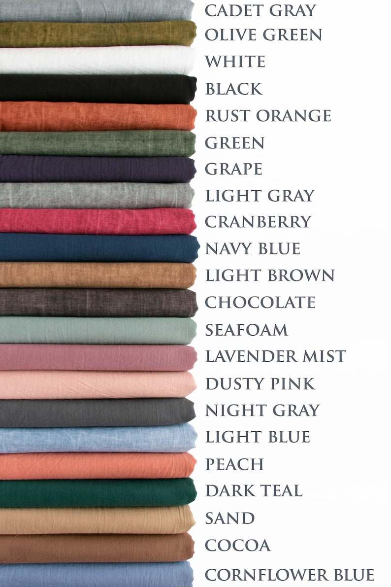 May include: A stack of folded fabric samples in various colors, including Cadet Gray, Olive Green, White, Black, Rust Orange, and more. Each color is labeled with its name in a clean, sans-serif font.