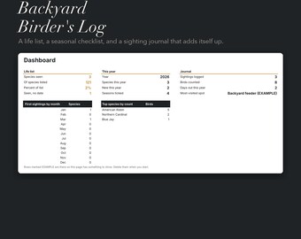Vogelbeobachtungsprotokoll für den Garten (Excel- und Google-Tabellen) | Vogelbeobachtungsliste | Vogelsichtungs-Tracker