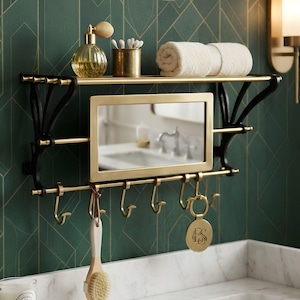 Wall mounted mirror with shelf and hooks for entryway, hallway and bathroom