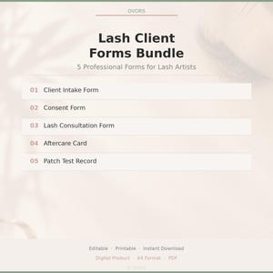 Op de afbeelding: Een digitaal pakket met wimperklantformulieren bestaande uit vijf professionele documenten voor wimperstylisten: intakeformulier, toestemmingsformulier, consultatieformulier, nazorgkaart en patchtest-record. Het product is bewerkbaar, printbaar en in A4 PDF-formaat.