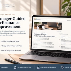 Könnte beinhalten: Ein Laptop, der das Manager-Guided Performance Improvement Tool anzeigt. Der Bildschirm zeigt einen strukturierten Prozess mit Schritten für Einrichtung, Checkpoints und Aufzeichnungen. Der Text umfasst Working Decision und detaillierte Anweisungen.