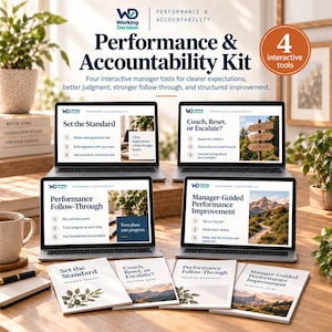 May include: A Performance & Accountability Kit featuring four laptops displaying digital management tools and four corresponding printed booklets. The screens show titles including Set the Standard, Coach, Reset, or Escalate, Performance Follow-Through, and Manager-Guided Performance Improvement.